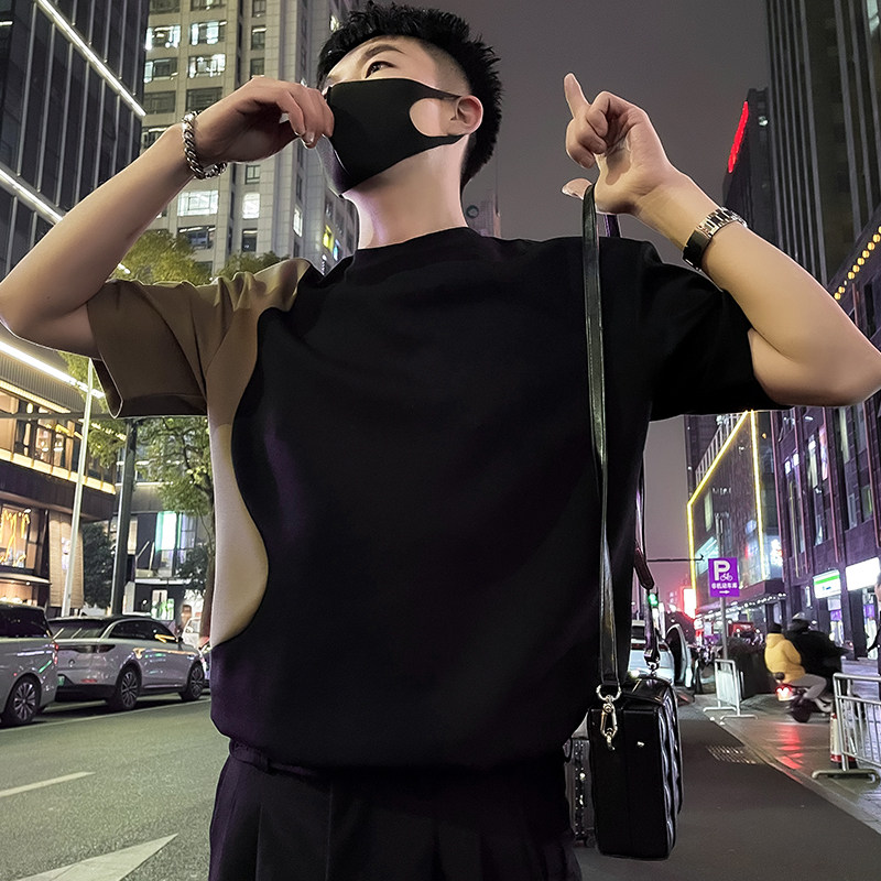 X35-P58潮牌设计感拼接T恤短袖2024新款男装上衣痞帅夏季潮流,男装T恤,电商A257