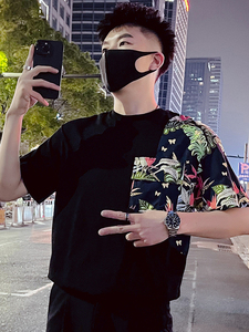T82-P58 拼接青少年短袖男夏季2023新款圆领T恤设计感小众潮牌图片