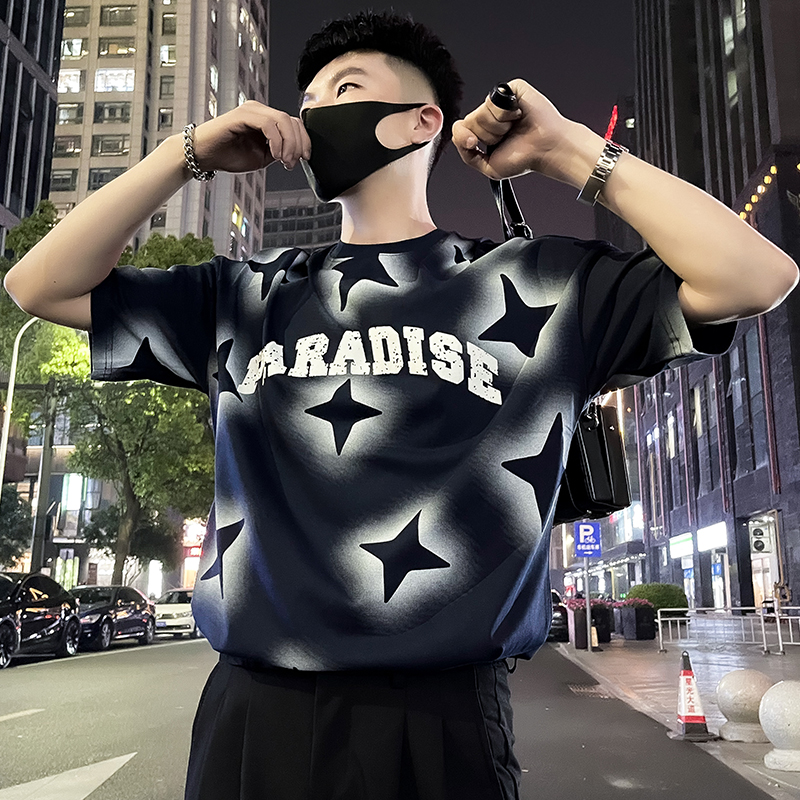 X63-P48美式潮牌五角星T恤短袖男重磅2024新款夏季男装上衣潮流，男装T恤，电商A257