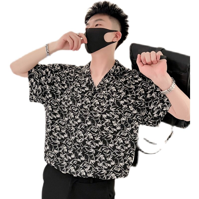 T48-P58夏季花衬衫男潮牌宽松五分袖2023新款中袖男装上衣短袖1,男装T恤,电商A257