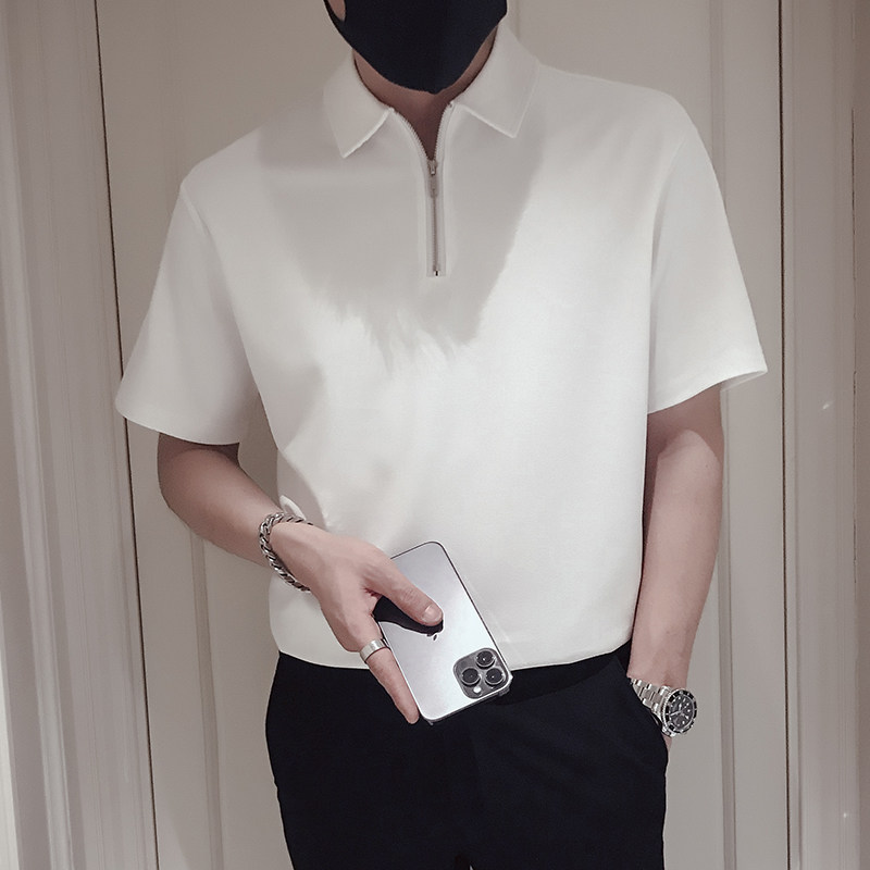 T40-P48夏季半拉链T恤男短袖POLO衫白色夏装男装痞帅衣服3,男装T恤,电商A257