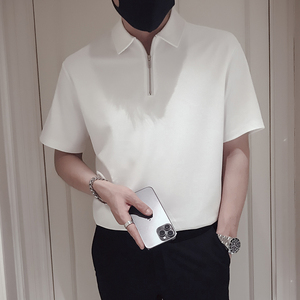 T40-P48夏季半拉链T恤男短袖POLO衫白色夏装男装痞帅衣服