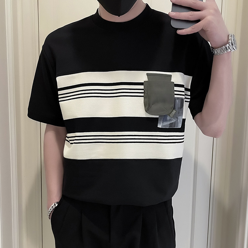 X26-P58夏季工装T恤男短袖潮牌条纹拼接2024新款男装上衣痞帅,男装T恤,电商A257