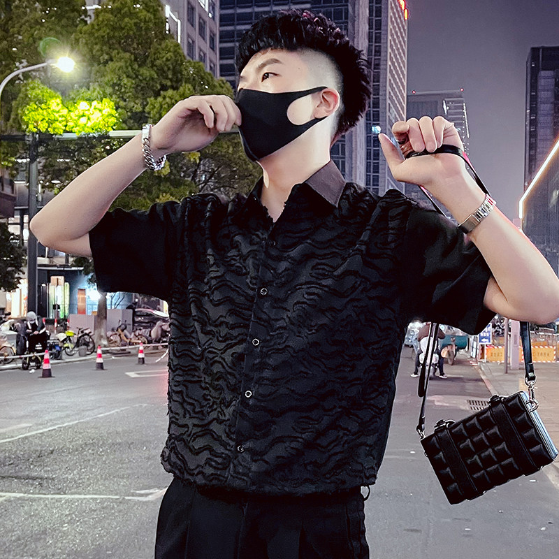 T75-P58 夏季时尚个性条纹高级感夜店短袖衬衫穿搭时尚潮牌上衣图片