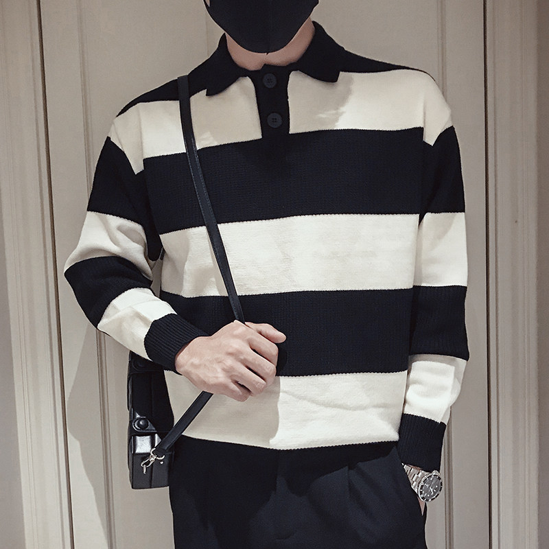 M02-特P882022冬季时尚休闲条纹潮牌针织衫翻领POLO衫男士毛衣1,男装针织衫/毛衣,电商A257