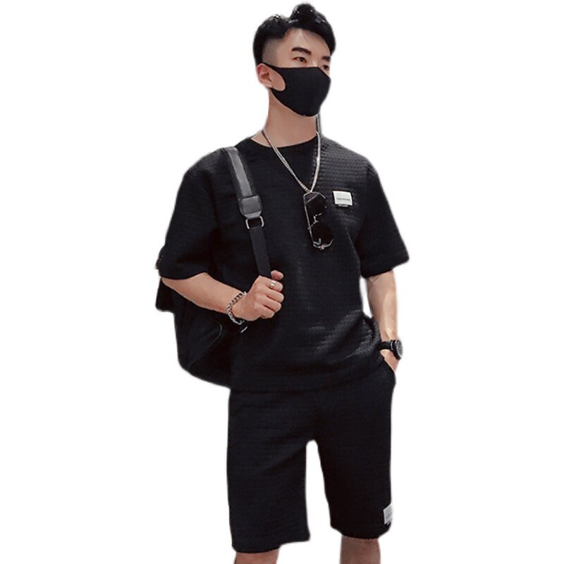 M88网红潮牌超火华夫格夏季两件时尚套装2021潮流帅气男装3,男装休闲套装,电商A257