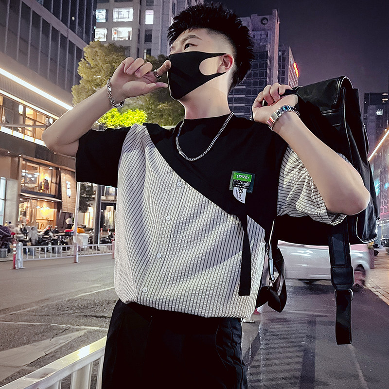 T38-特P58拼接条纹T恤男夏季短袖2023潮流男装休闲个性ins潮牌1,男装T恤,电商A257