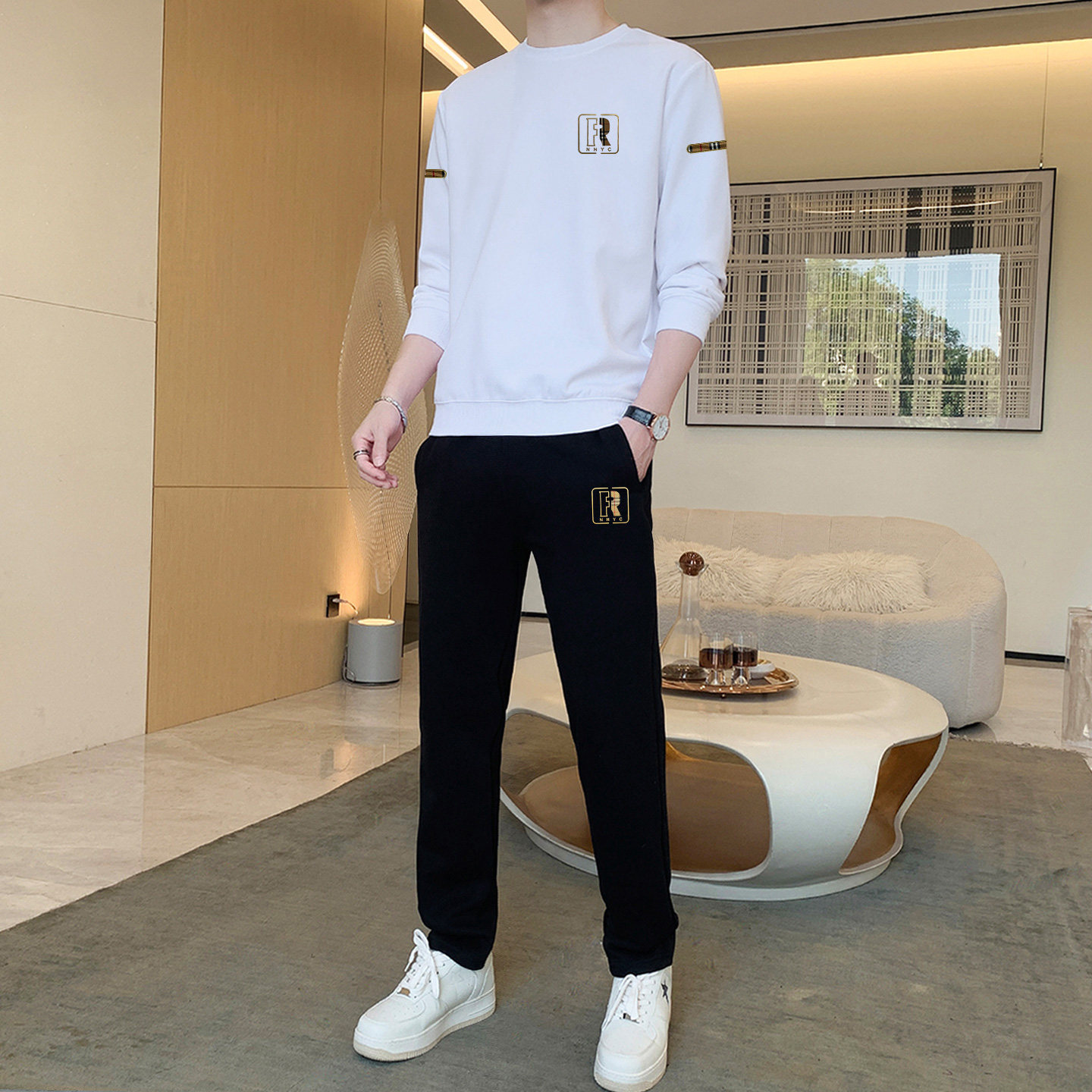 2026春秋品牌休闲运动男士套装纯棉白色圆领长袖卫衣搭配长裤一套