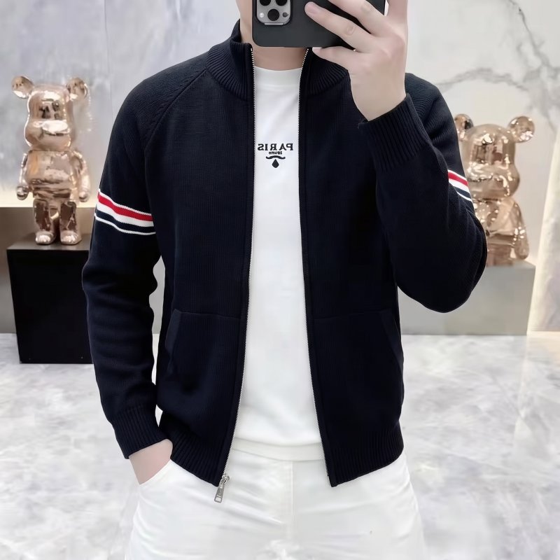 欧货轻奢立领针织外套男高端三道杠织带拉链开衫青年休闲夹克上衣