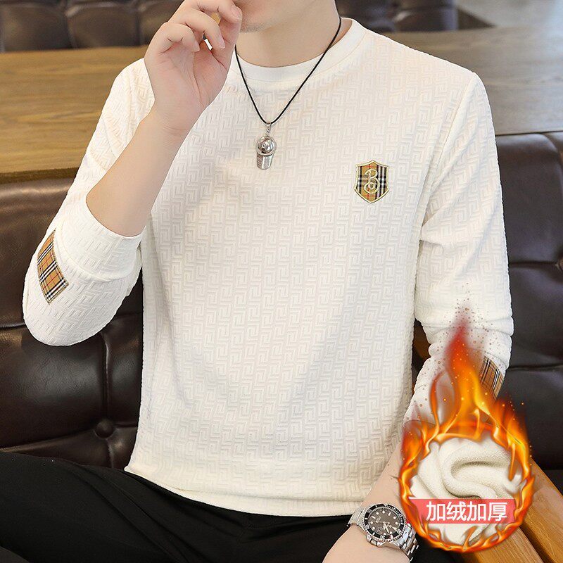 品牌男士桑蚕丝卫衣春秋新款潮牌百搭加绒加厚修身打底长袖T恤男