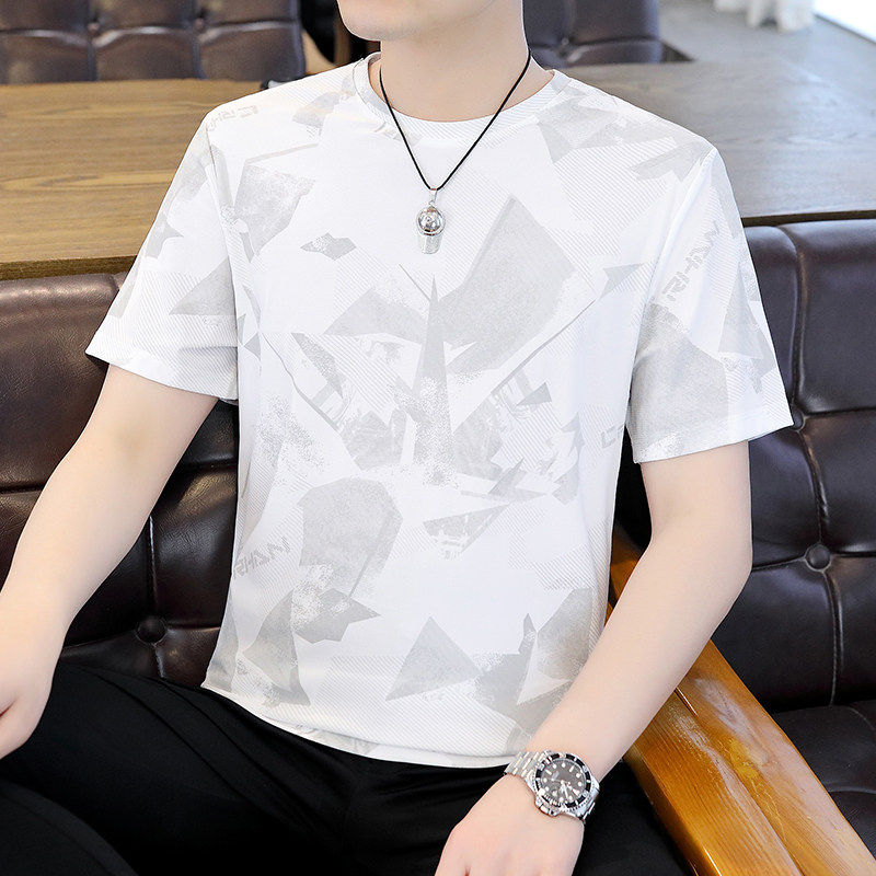 高端夏季男士冰丝短袖T恤2026新款百搭休闲修身速干圆领薄款上衣