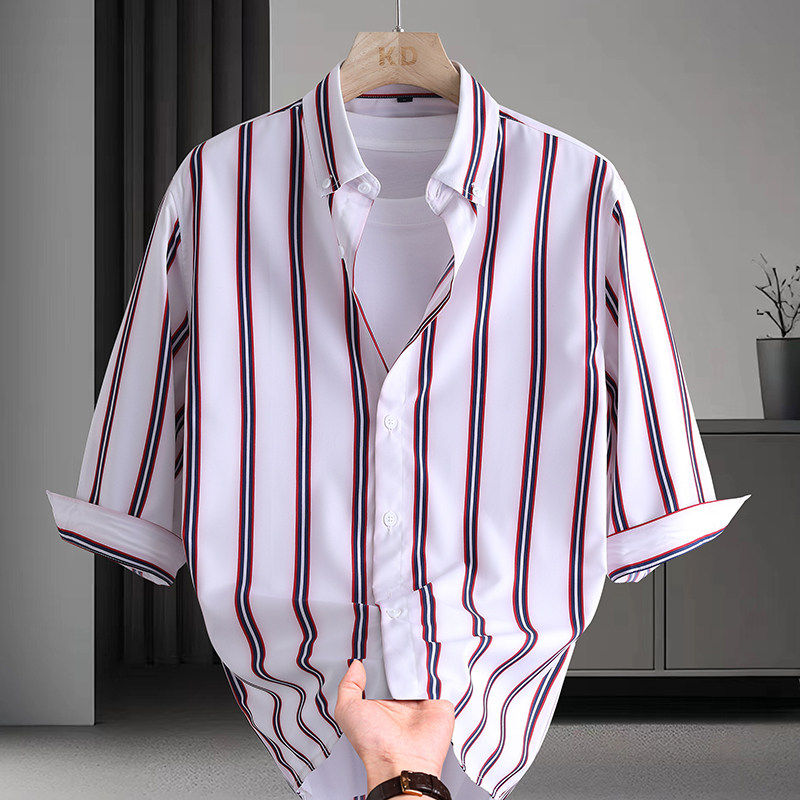 2026夏季条纹七分袖衬衫男高端品牌港风百搭时尚休闲男士中袖衬衣