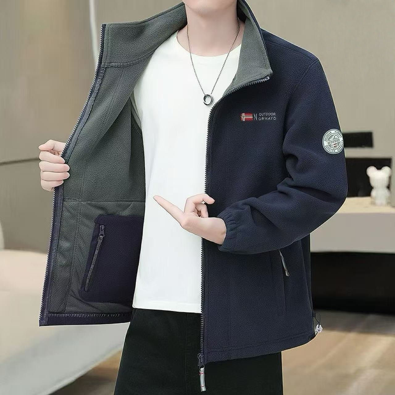 品牌高端立领夹克男抓绒衣秋冬款