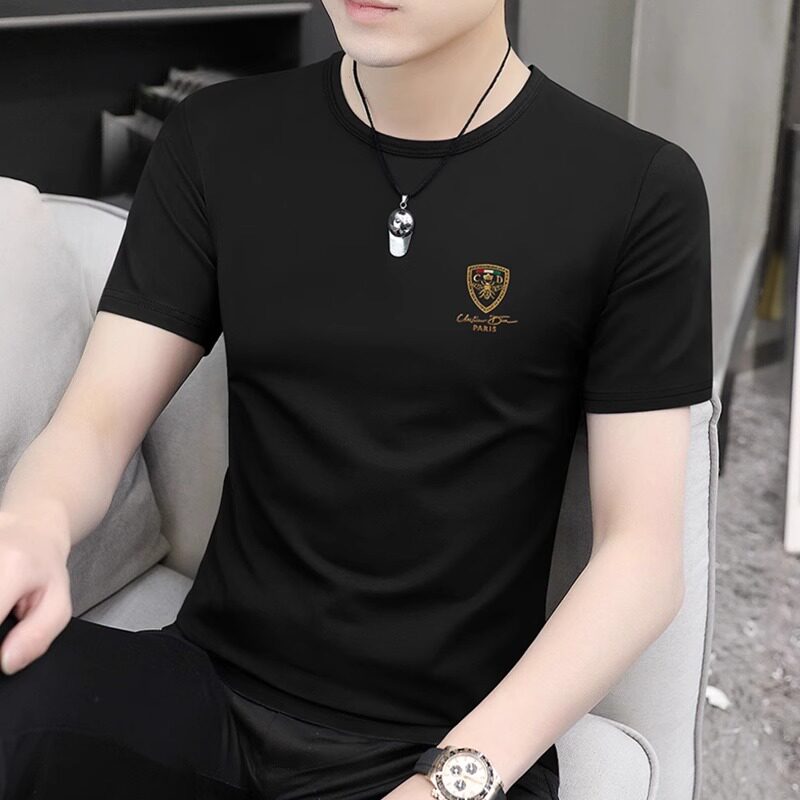 高端冰丝男士短袖T恤韩版修身2025夏季薄款透气莫代尔半袖体恤衫