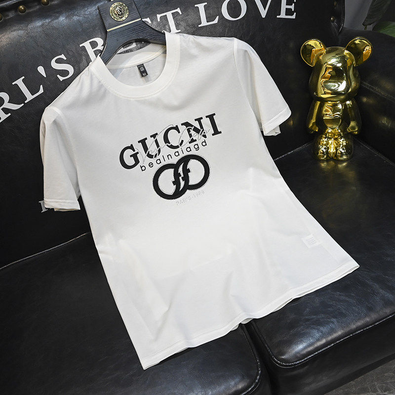 2026新款夏季丝光棉短袖T恤男潮牌修身刺绣休闲冰丝圆领体恤上衣