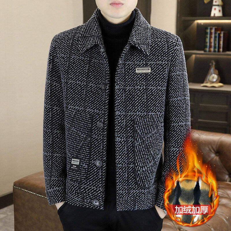 高端品牌男士毛呢大衣冬季金貂绒加绒保暖外套休闲翻领夹克上衣男