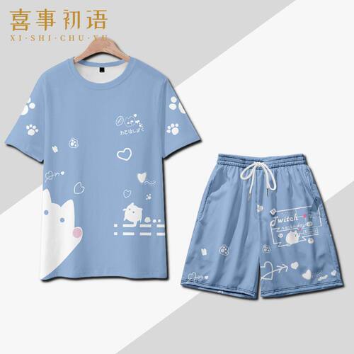 猫羽猫咪图案T恤短袖女生休闲家居服羽织二次元痛衣服夏季上衣