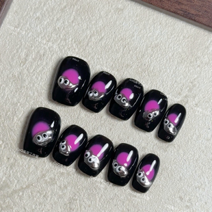 纯手工穿戴甲糖豆人小眼睛可爱美甲甜酷y2k黑色指甲贴片 实拍
