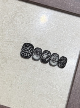 【实拍】纯手工穿戴甲磨砂猫眼图腾朋克暗黑中性短款美甲可拆卸