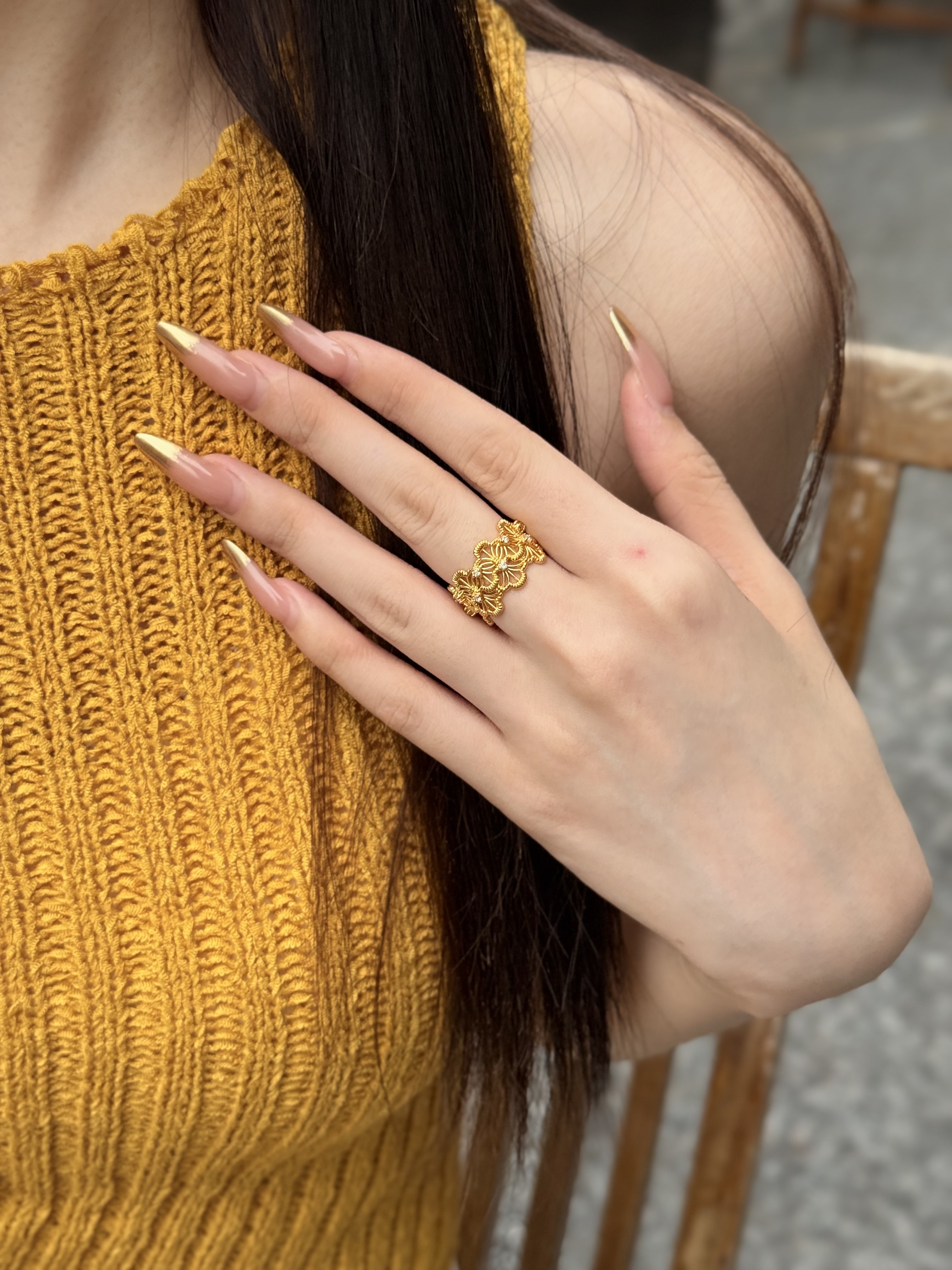 黄金戒指蕾丝扇形戒指足金999