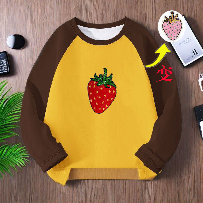 春秋季女孩儿童长袖纯棉变色t恤中大男童装薄款打底亮片洋气上衣