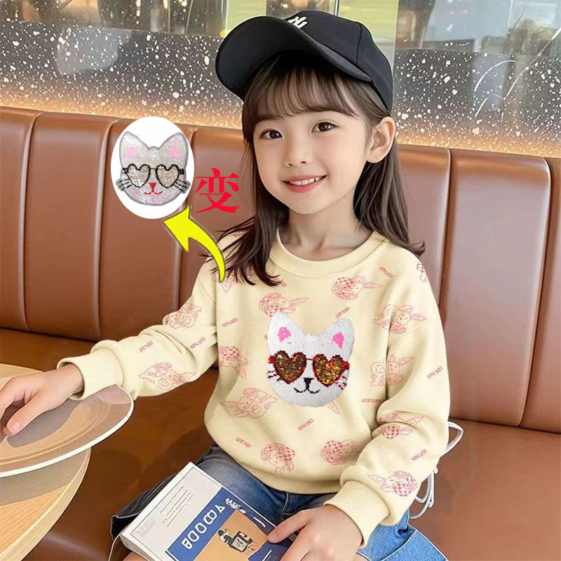 中大女童变色卫衣长袖纯棉新款春秋季女儿童亮片洋气常规上衣冬装