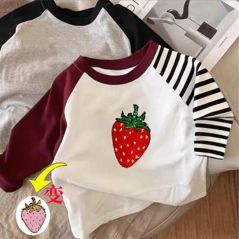 春秋季女孩儿童长袖纯棉变色t恤中大女童装薄款打底亮片洋气上衣