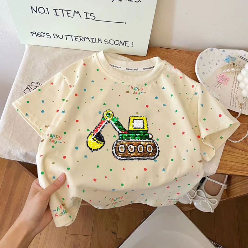 夏季女童男宝宝变色t恤纯棉短袖儿童装扎染亮片百搭洋气趣味上衣