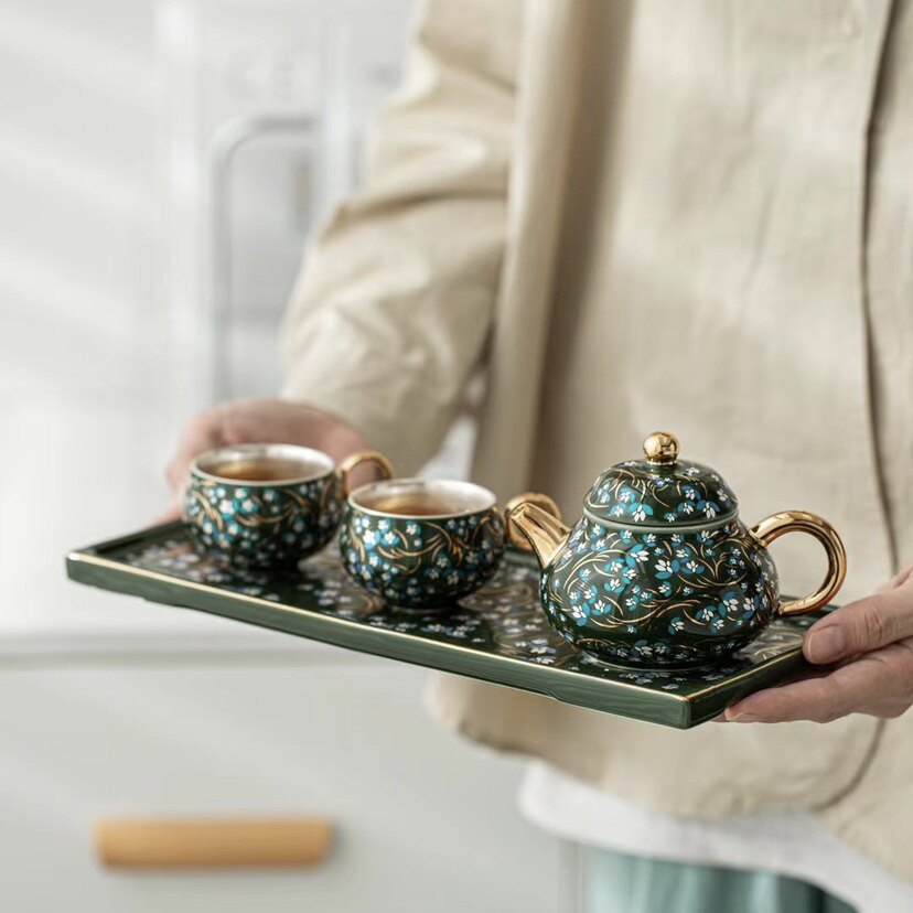 翡翠绿金银花茶壶小套装珐琅彩小清新鎏银功夫茶具一壶两杯盘礼品