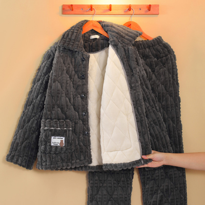 三层夹棉睡衣男冬季保暖加厚套装