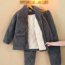 拉链睡衣男士冬季加厚加绒保暖三层珊瑚绒夹棉立领法兰绒家居服冬