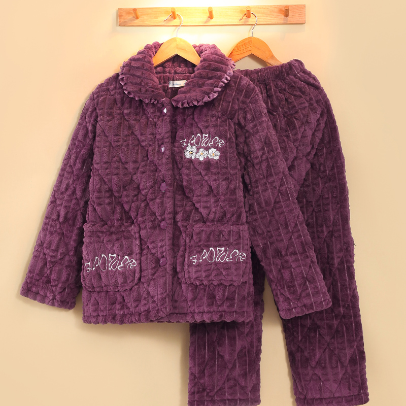 妈妈睡衣女士冬季加厚加绒保暖三层夹棉袄中老年珊瑚绒家居服套装