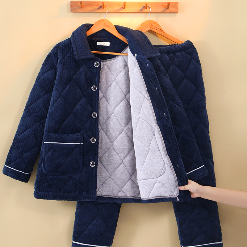 睡衣男士冬季保暖三层珊瑚绒夹棉