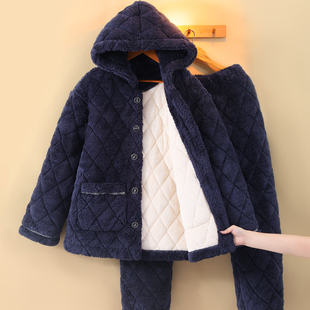 连帽睡衣男士冬季加厚加绒保暖三层珊瑚绒夹棉套装法兰绒家居服冬