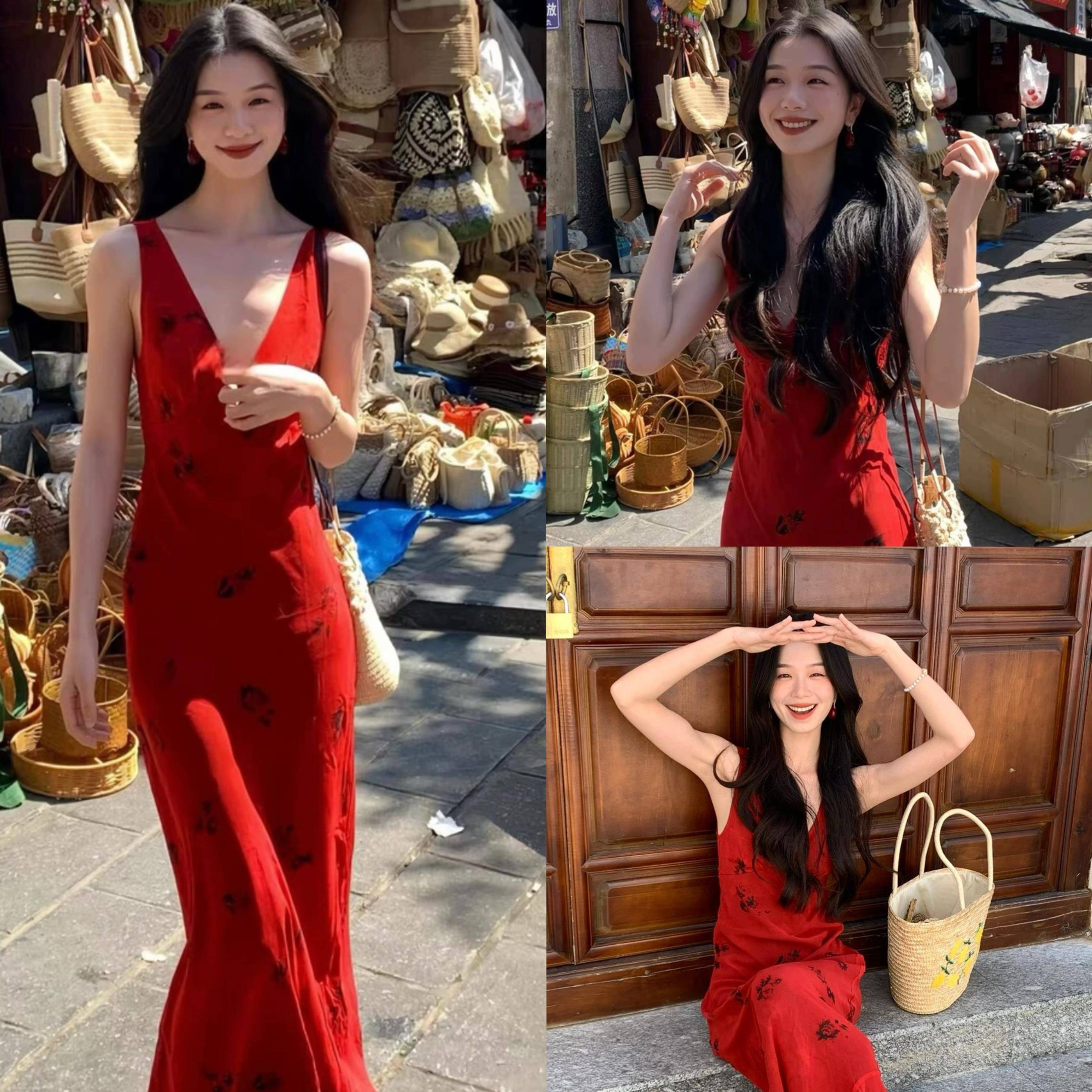 meme线上商店长裙性感深V领修身连衣裙夏季红色裙子海边度假风裙