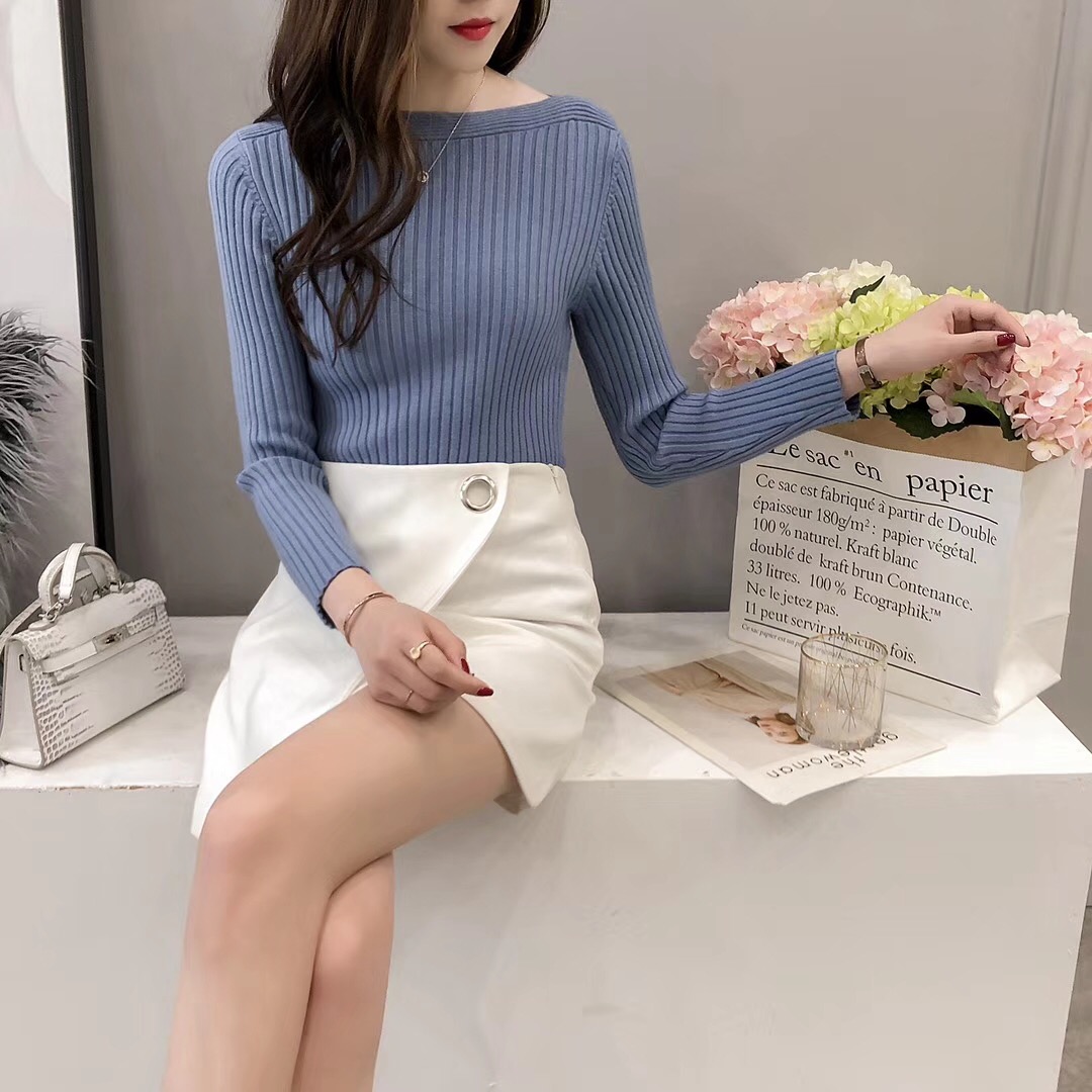 2018秋季新款韓版女裝純色一字領修身毛衣套頭打底衣長袖針織衫