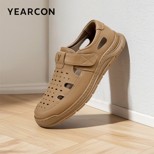 意尔康休闲鞋2026夏款真皮拼接包头凉鞋舒适透气镂空户外防撞皮鞋