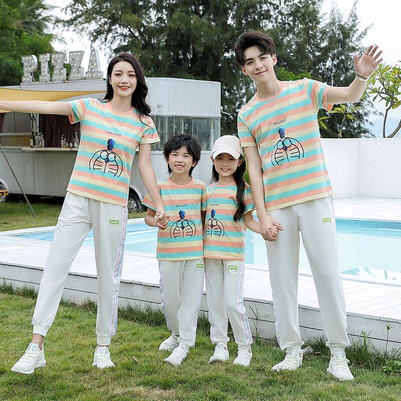 亲子装一家三口春夏装母子母女装全家福条纹短袖休闲运动长裤套装