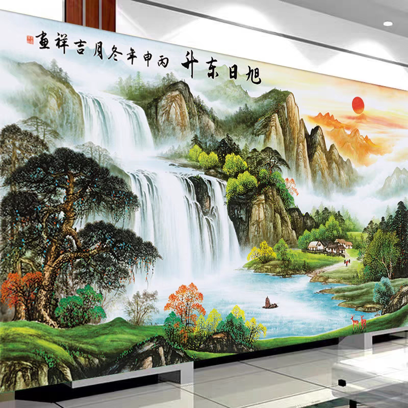 壁布5壁画客厅新中式影视8d旭日东升电视背景墙立体墙墙纸墙布d