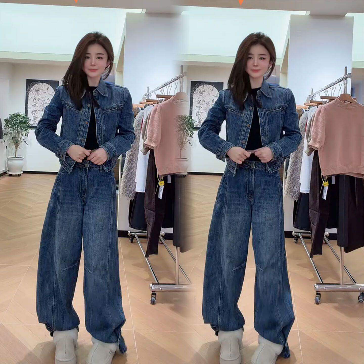 时尚高级感百搭牛仔套装女春季百搭显瘦翻领外套阔腿裤两件套潮