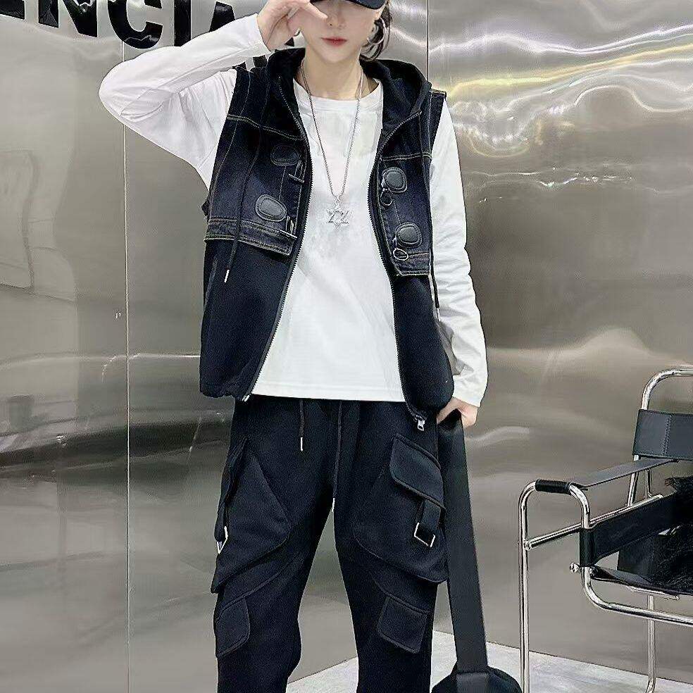 2026早春新款休闲套女拼接牛仔马甲打底衫工装运动裤时尚三件套潮