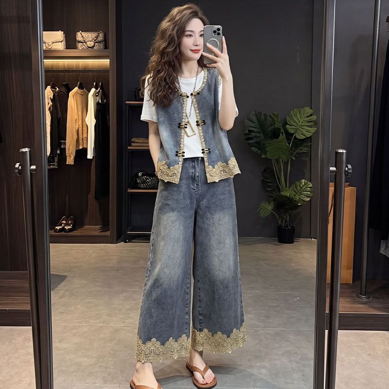 夏季新款牛仔套装时尚大码微胖妹妹蕾丝拼接马甲阔腿裤减龄两件套