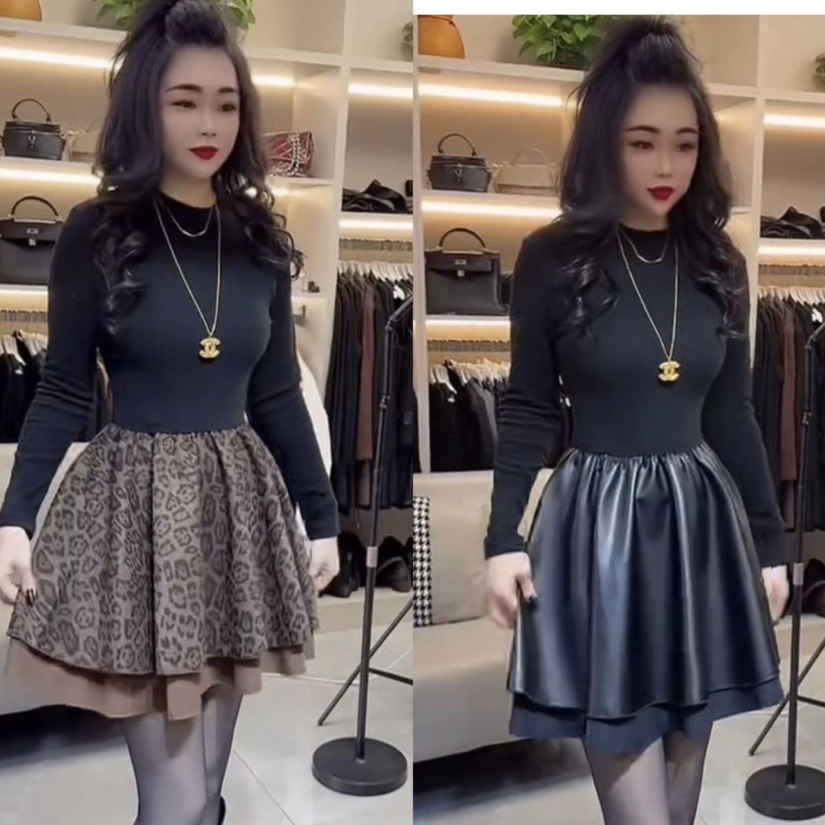 2025秋冬大码气质新款爆款显瘦蓬蓬裙时尚收腰轻奢长袖拼接连衣裙