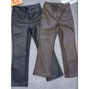2026春秋时尚百搭pu休闲微喇裤加薄绒纯色高级感蛋白皮裤九分裤子