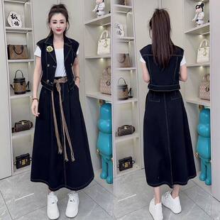 韩版 牛仔裙套装 潮 牛仔马甲半身裙两件套裙女宽松洋气显瘦时尚 夏季