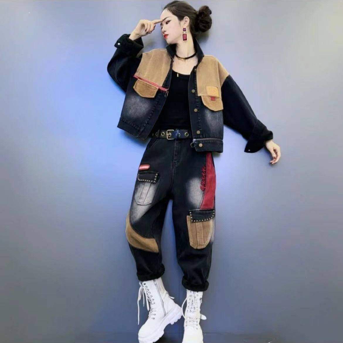 个性时尚牛仔拼接外套春秋款牛仔撞色灯芯绒哈伦裤妈妈装显瘦,女装/女士精品,时尚套装,淘宝优惠券,粉丝福利购,淘宝优惠卷