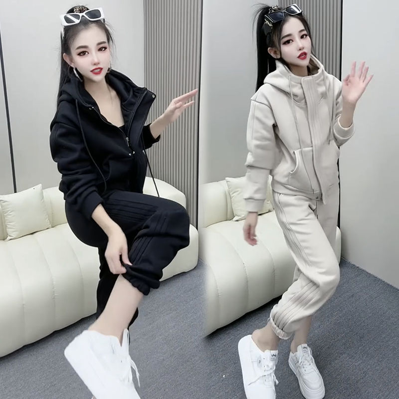 欧货休闲运动套装女秋冬新款时尚显瘦加绒加厚连帽卫衣裤子两件套