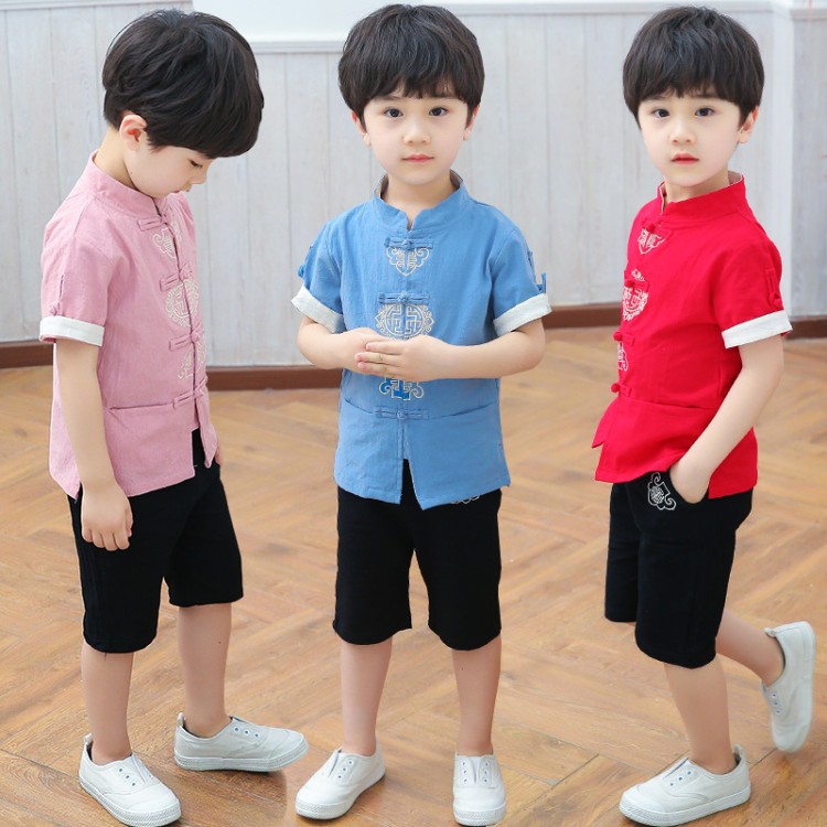 男童汉服中国风夏季短袖宝宝夏装复古装儿童唐装套装棉麻民族服装