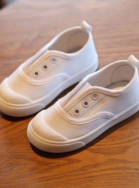 幼儿园小白鞋男童一脚蹬学生帆布鞋儿童白球鞋女童白色防滑室内鞋