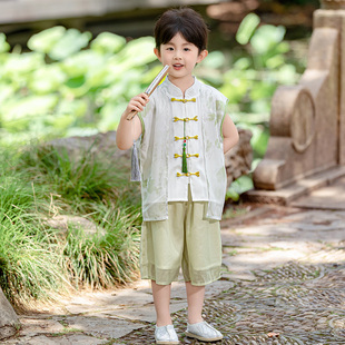 男童汉服夏天国风无袖薄款套装儿童新中式古风改良帅气唐装表演服